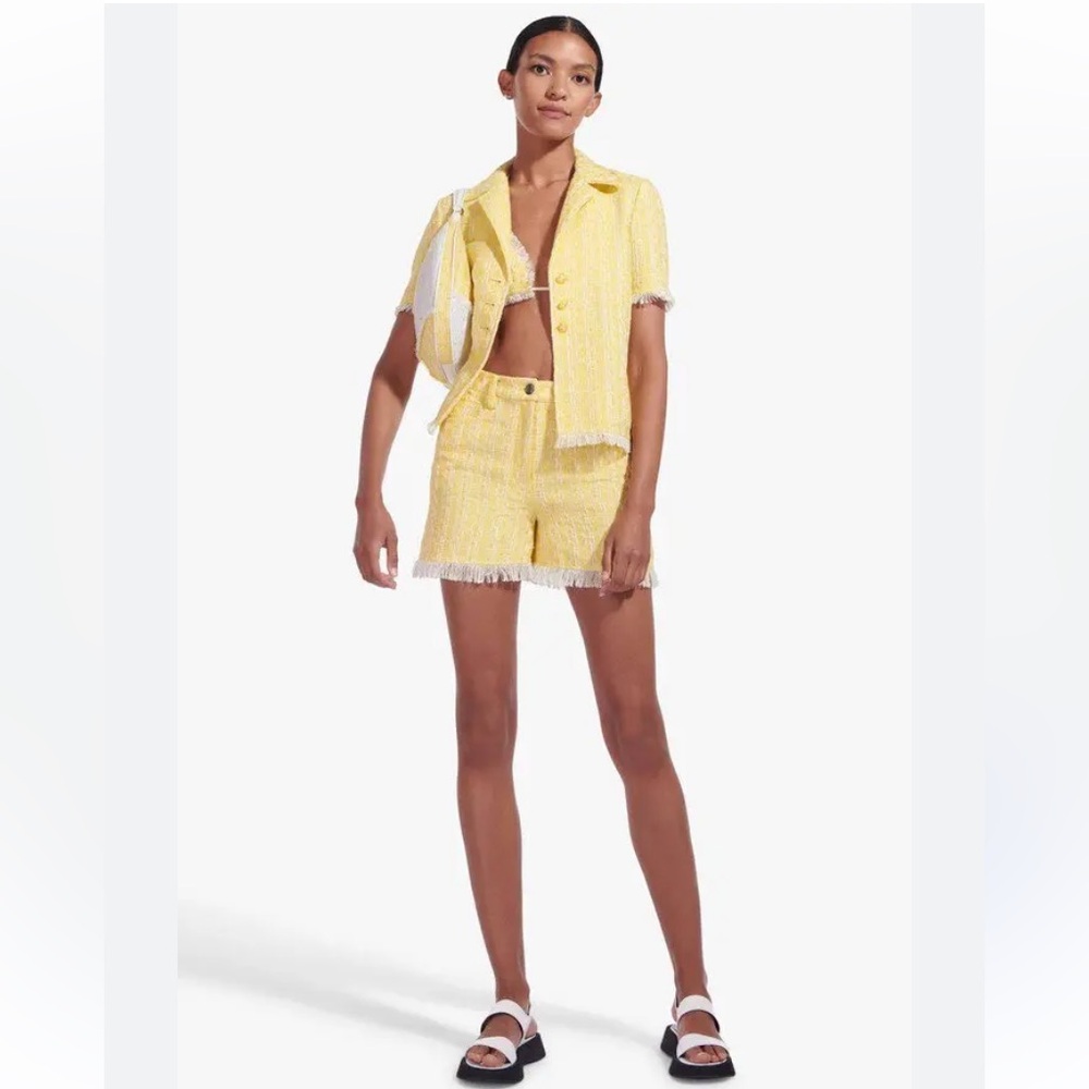 STAUD “Sorno” Yellow and Cream High Waist Fringe Tweed Shorts - Picture 1 of 6